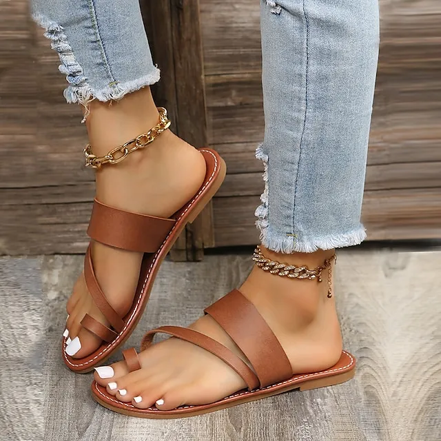 Women's Sandals Flat Sandals Orthopedic Sandals Bunion Sandals Outdoor Daily Beach Summer Flat Heel Round Toe Open Toe Classic Minimalism Walking Shoes Synthetics Loafer Solid Colored Black Red Brown