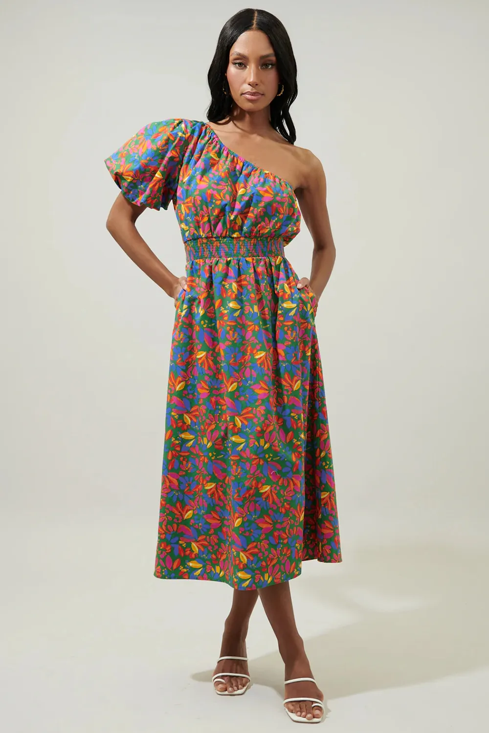 Blue Bridgette One Shoulder Midi Dress