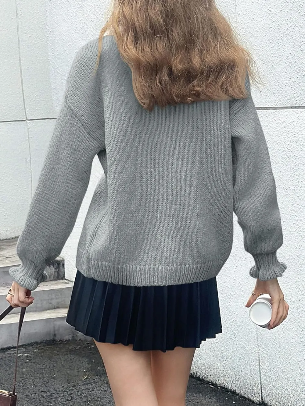 🎄Hot Sale Ruffle Cardigan Oversized Button Up Ribbed Knit Open Front Long Sleeve Loose Sweater