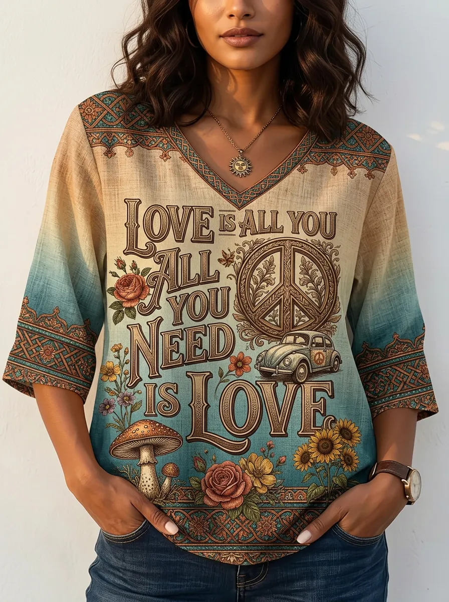 Women's Nashville Hippie Peace Sign Beetle Flower Printed V-neck Top