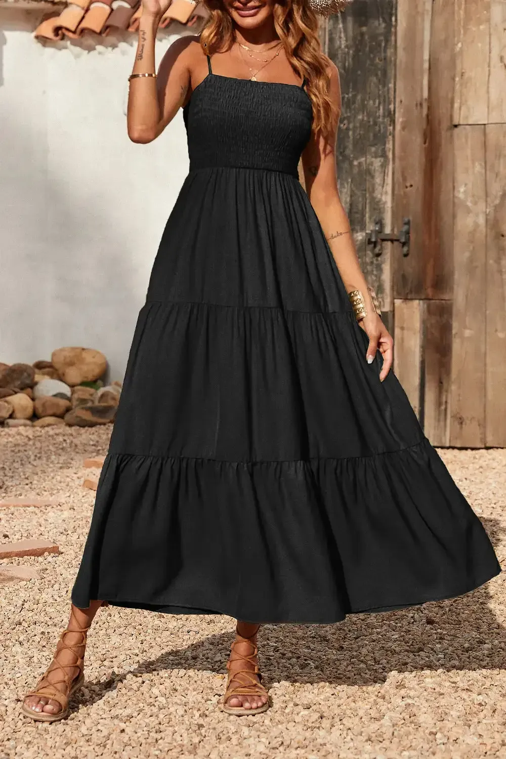 Sleeveless Spaghetti Strap Smocked Tiered Maxi Dress