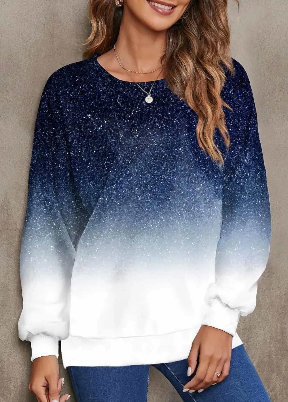 Ombre Navy Round Neck Long Sleeve Sweatshirt