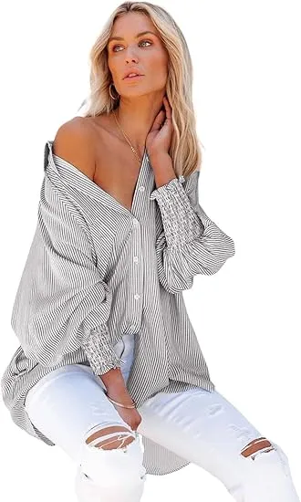Womens Smocked Cuffed Striped Boyfriend Shirt Casual Collar Long Sleeve Oversized Button Down Blouse Tops with Pocket Shirred