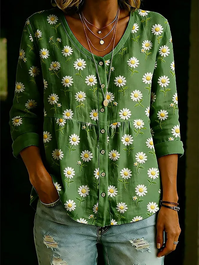 Women'S Floral Art Printed Button Round Neck Shirt