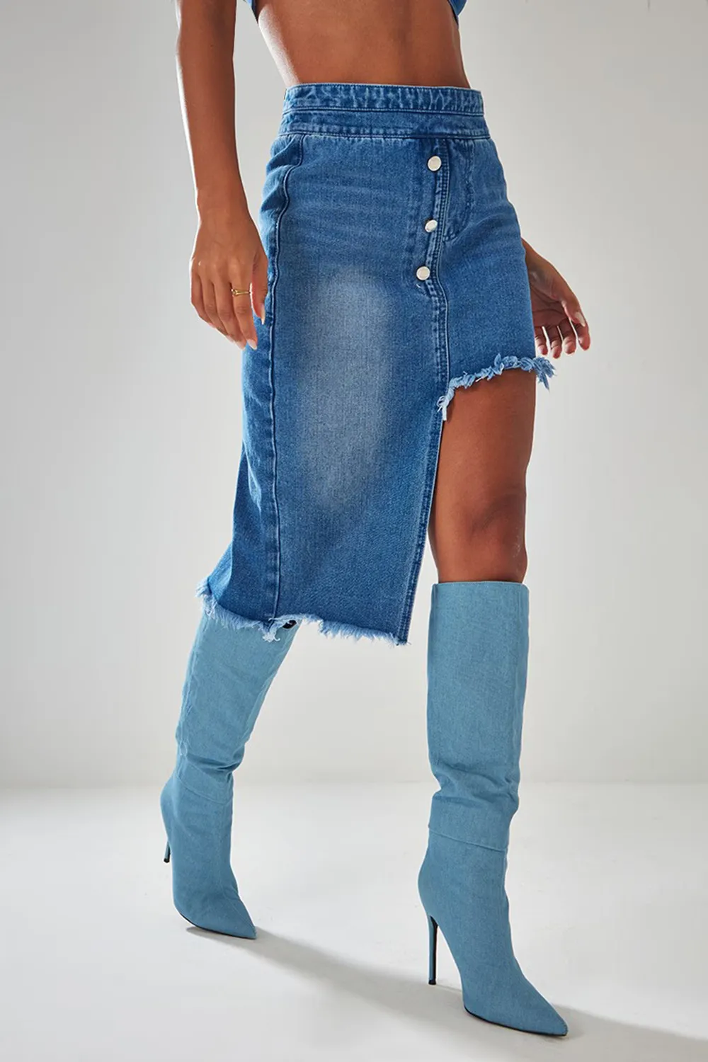 Indigo Blue Wash Raw Hem Asymmetric Denim Midi Skirt Set