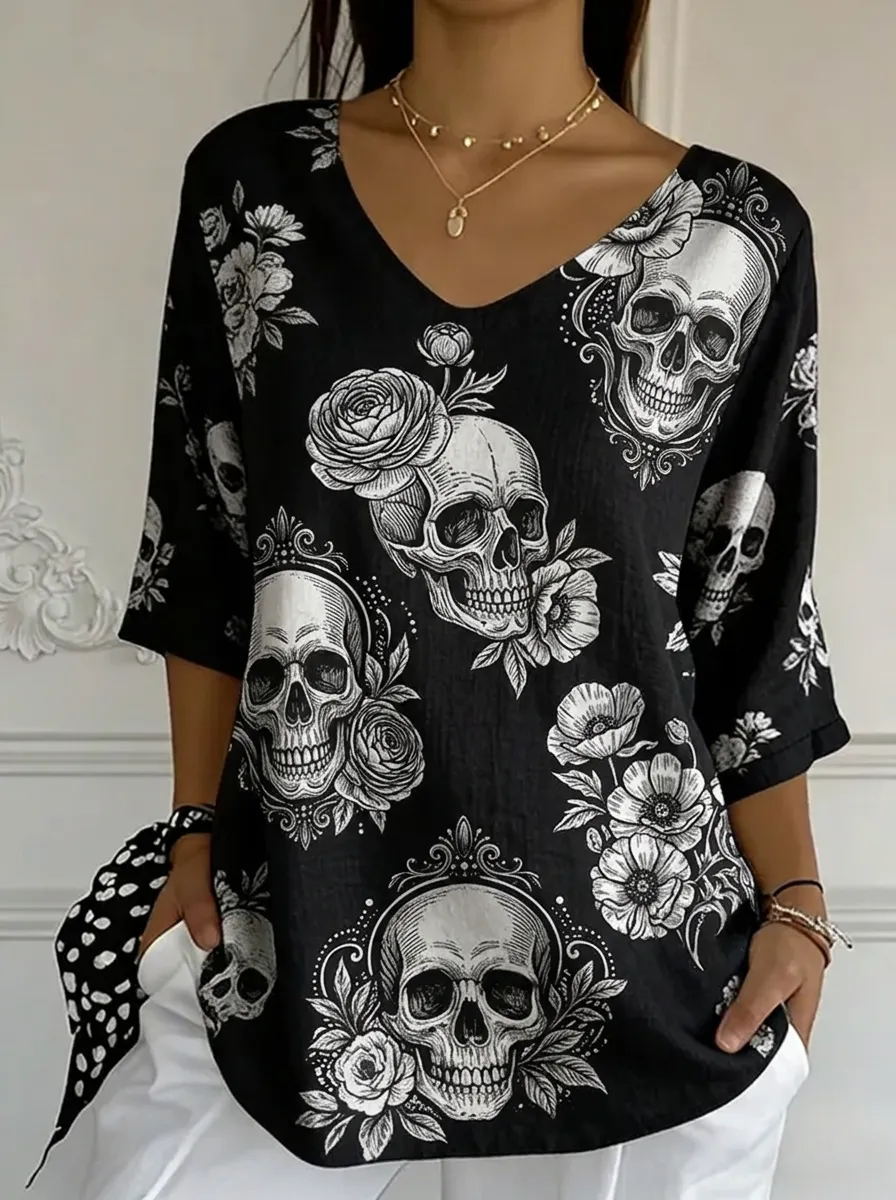 Women's Nashville Skull Floral Printed V-neck Top