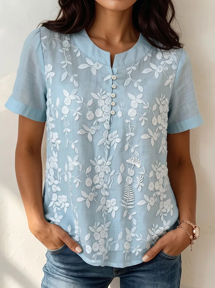 Women's Nashville Floral Embroidered Button-Down Printed Top