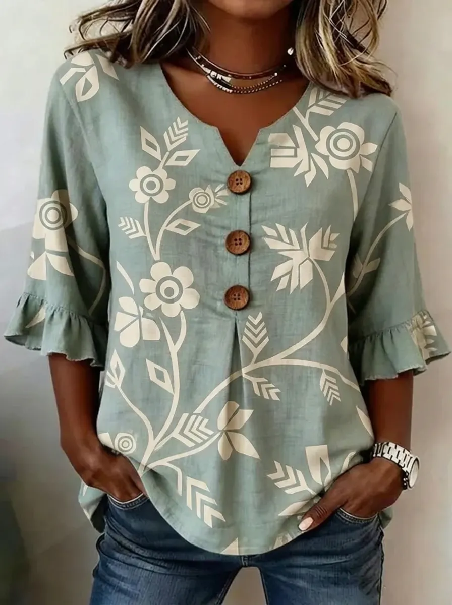 Women's Nashville Floral Botanical Printed V-Neck Button-Up Top