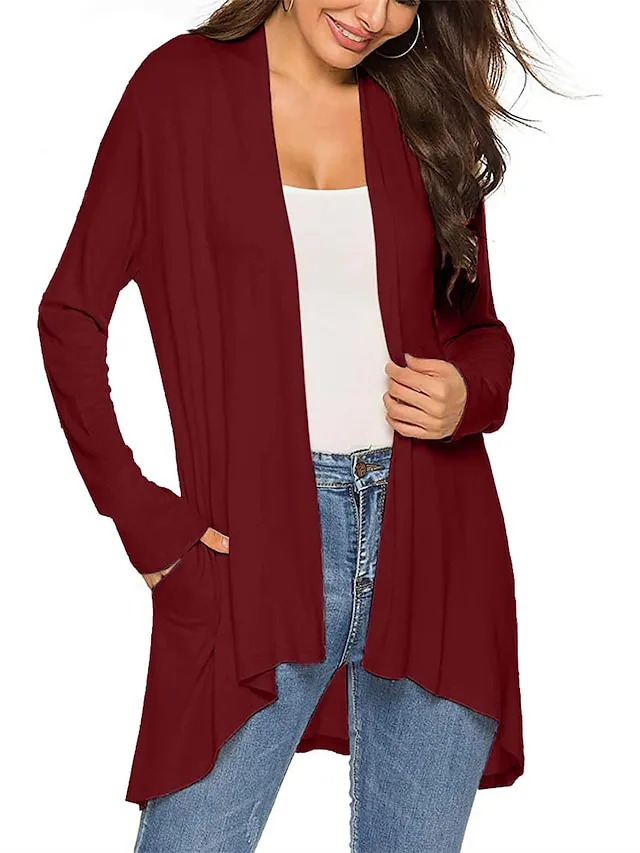 Women's Cardigan Sweater Open Front Ribbed Knit Knit Pocket Summer Fall Outdoor Daily Weekend Stylish Casual Soft Long Sleeve Solid Color Black White Wine S M L