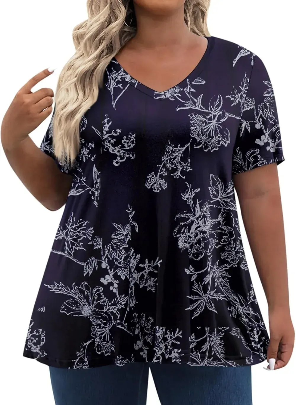 Plus Size Tops for Women Dressy Short Sleeve V Neck Shirts for Women Summer Tops for Women 2024 Floral Print Top