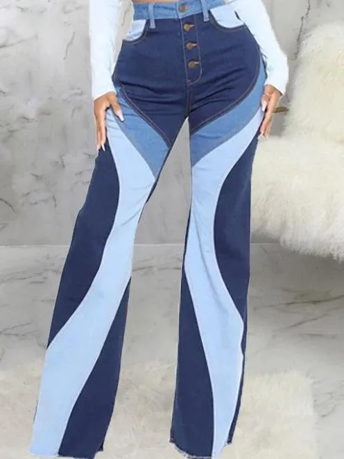 Stitching Washed Denim Stretch Slim Flared Pants