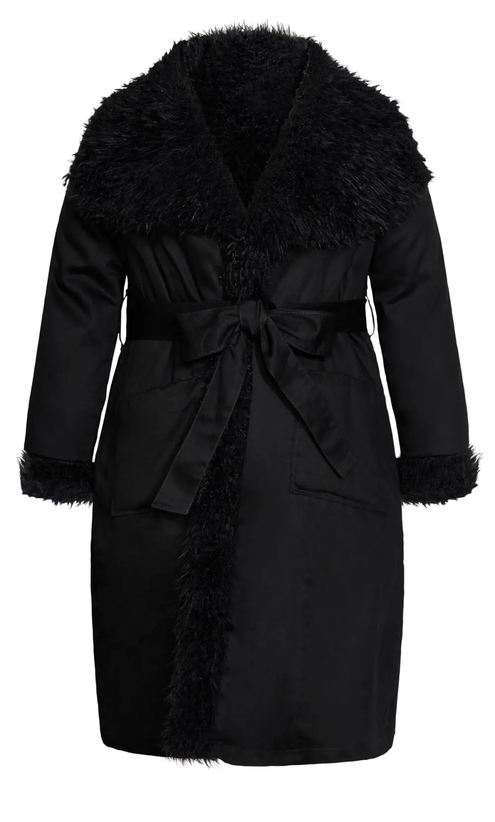 Evans Black Faux Fur Trim Tie Waist Coat
