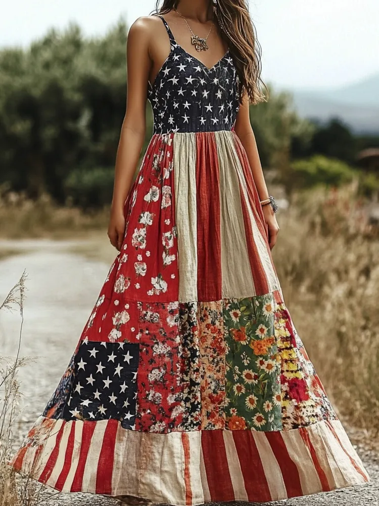 American Flag Vintage Boho Floral Women's Linen Slip Dress