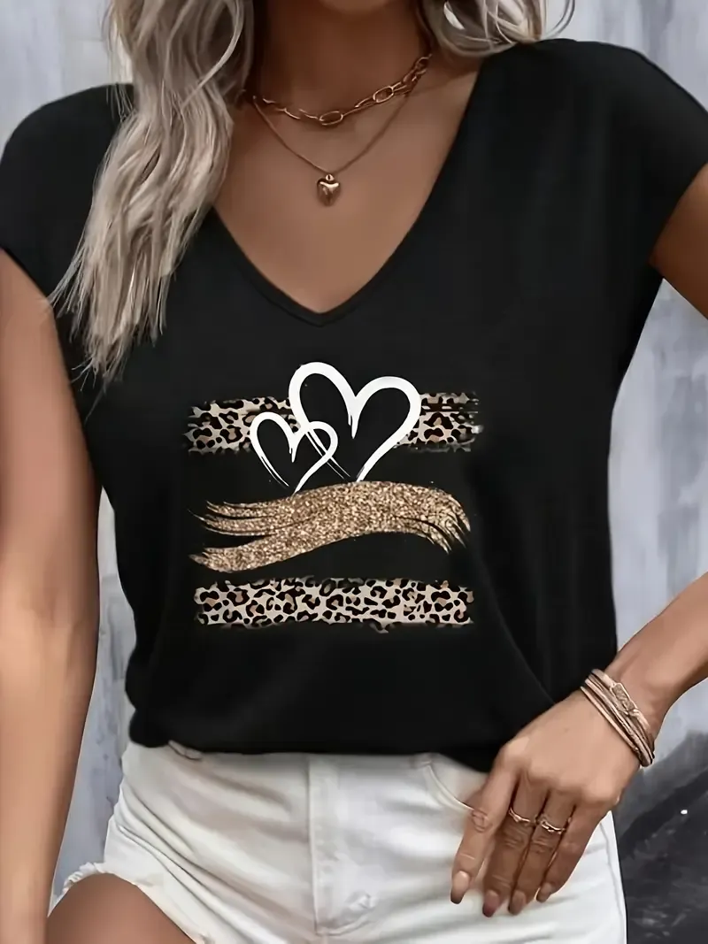 Short Sleeve Heart Print V Neck T-shirt, Casual Top for Spring & Summer, Women's Clothing