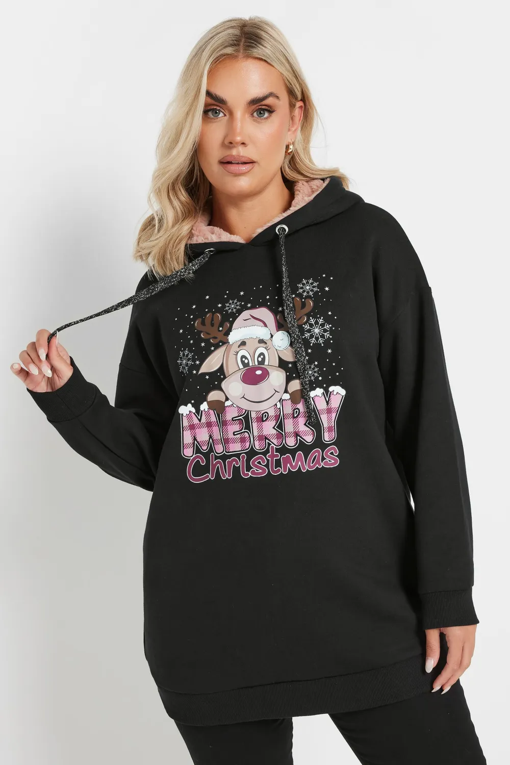 YOURS Curve Black 'Merry Christmas' Slogan Reindeer Print Hoodie