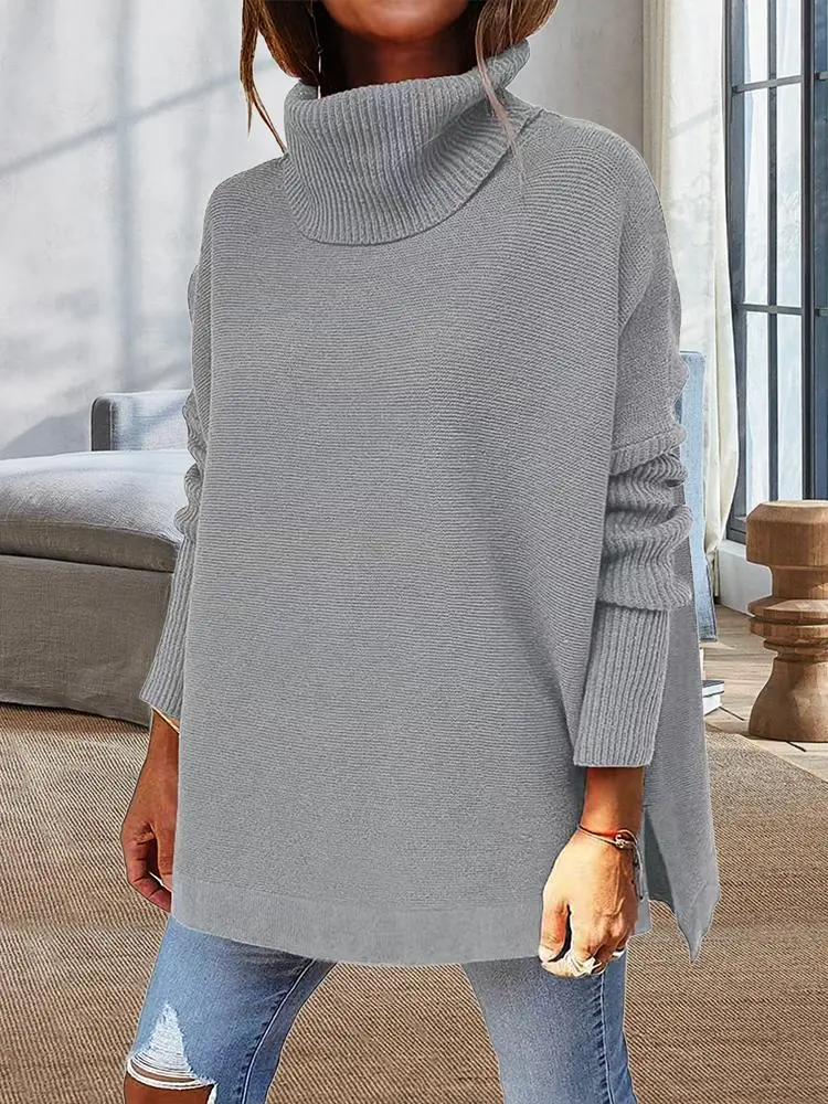 Midi Bat Sleeve Hem Tunic Sweater Knitted In A Turtleneck Sweater