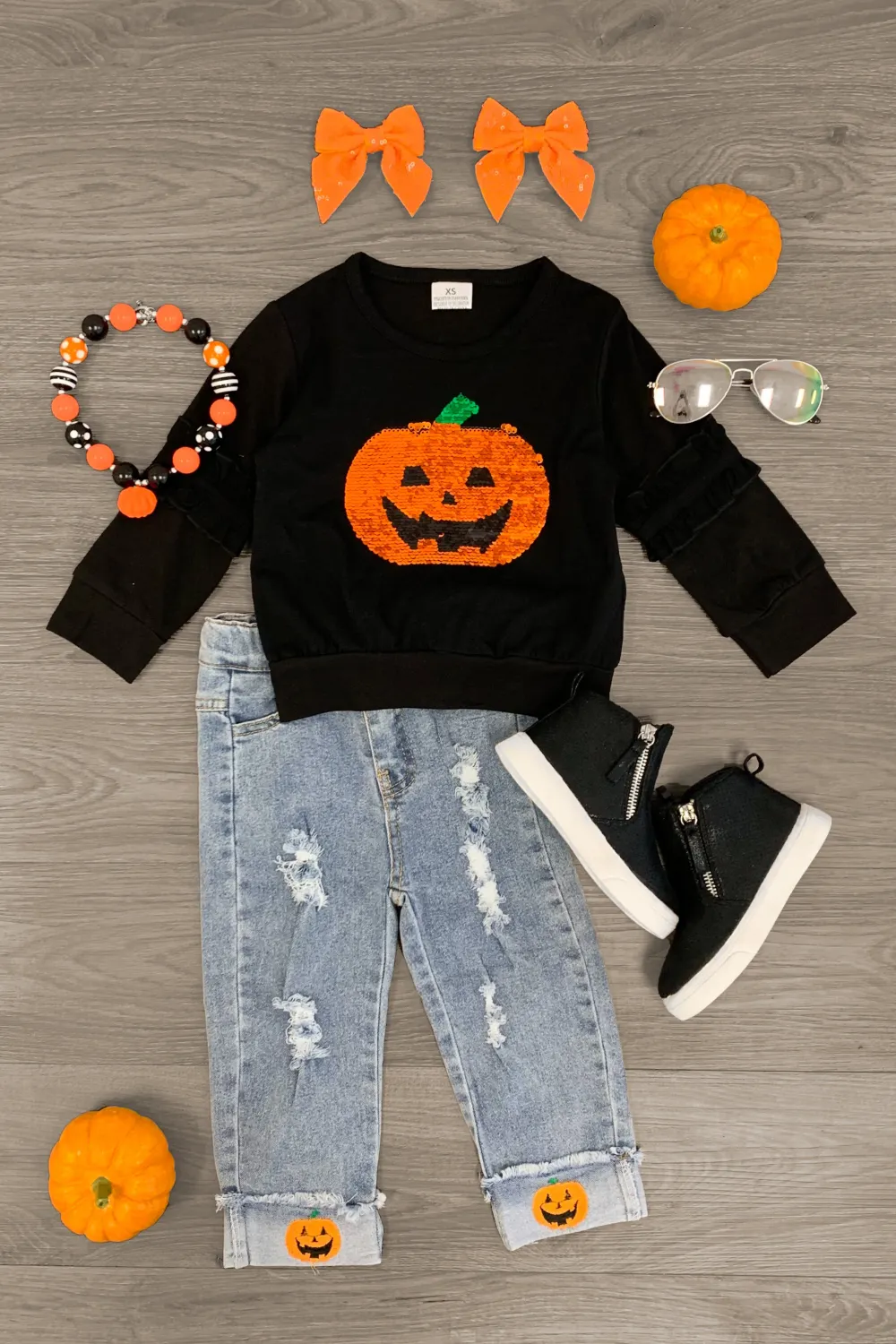 Jack-O-Lantern Flip Sequin Denim Pant Set