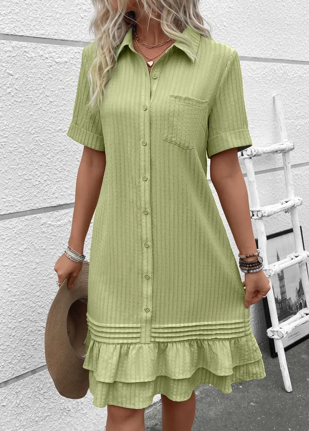 Sage Green Button A Line Short Sleeve Dress