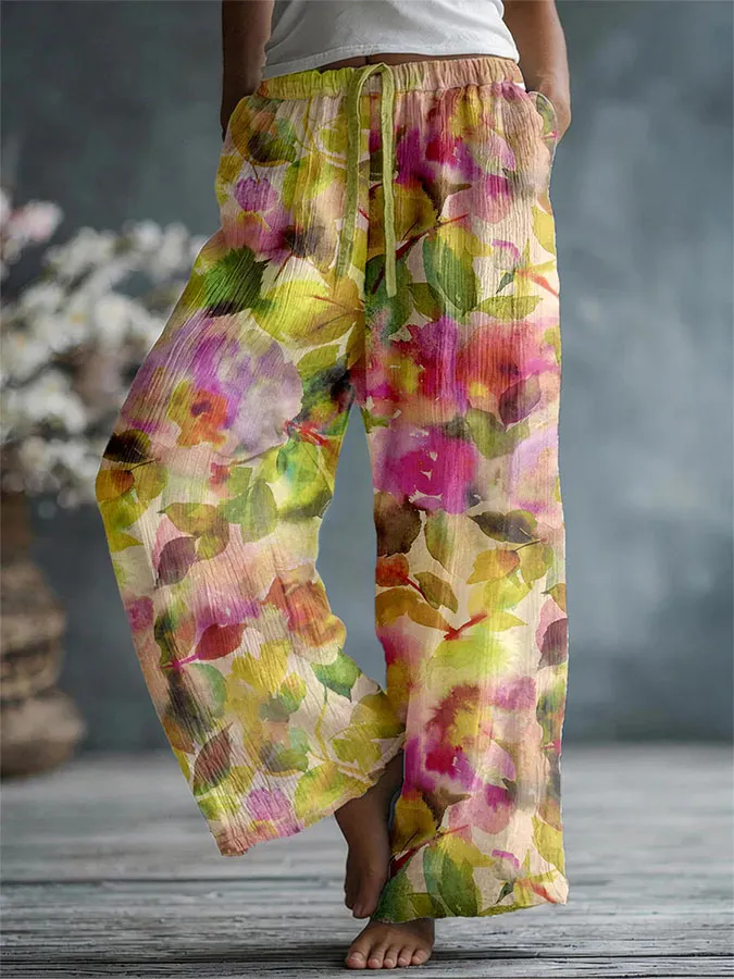 Women'S Floral Art Linen Blended Pants