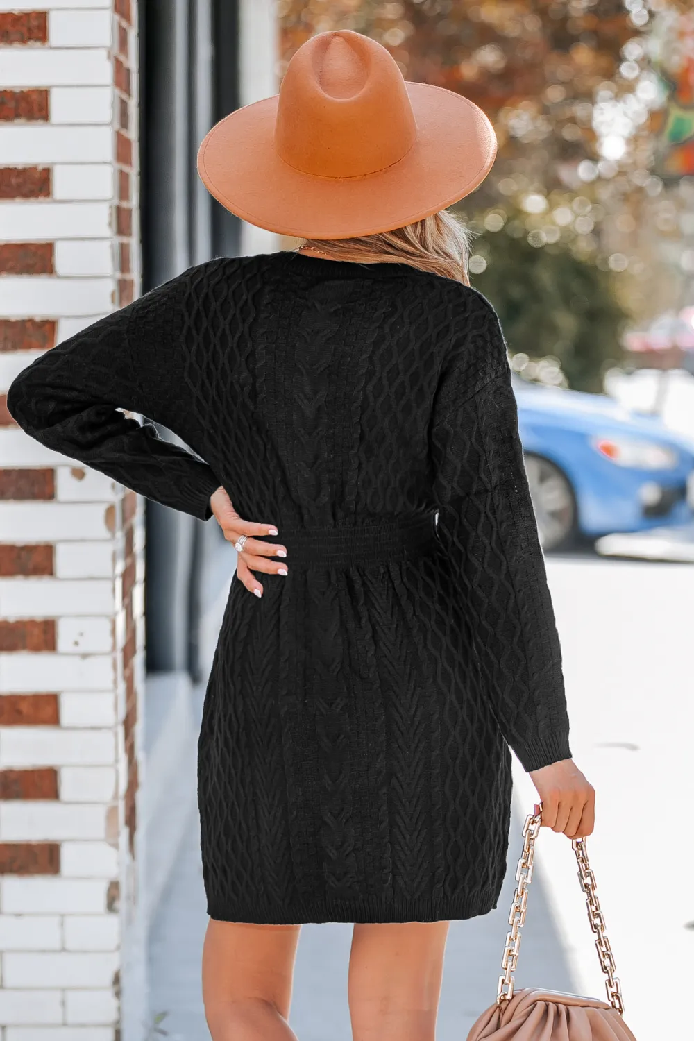 V-Neck Ribbed Cable Knit Sweater Dress