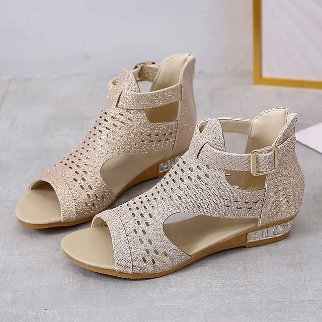 Women's Sandals Wedge Sandals Plus Size Party Outdoor Work Summer Spring Rhinestone Wedge Heel Peep Toe Elegant Classic Casual Faux Leather Zipper Solid Color Black Gold Beige
