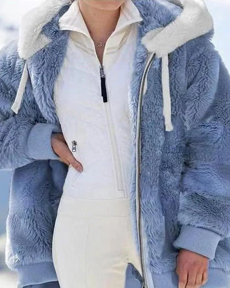 Long Sleeve Fuzzy Hooded Zip Up Teddy Coat