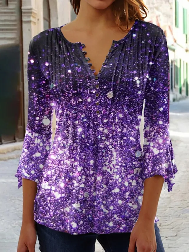 Women's Plus Size Shirt T shirt Tee Blouse Graphic Polka Dot Flower Denim Blue Grass Green Black Button Print Long Sleeve Casual Weekend Basic Round Neck Regular Fit Spring Fall