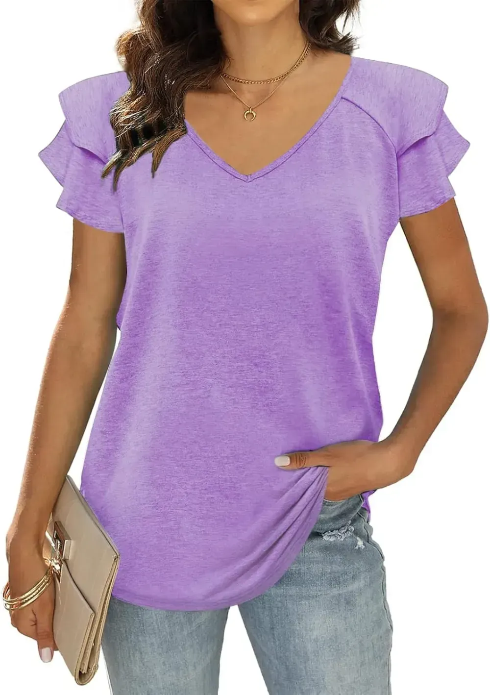 T&Twenties Womens Summer Tops Ruffle Short Sleeve Tunic Tops V Neck Loose Fit Flowy T-Shirts