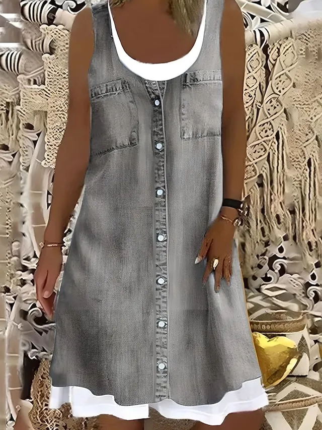 Women's Shift Dress Midi Dress Gray Sleeveless Floral Fake two piece Summer Spring Crew Neck Modern 2023 5XL