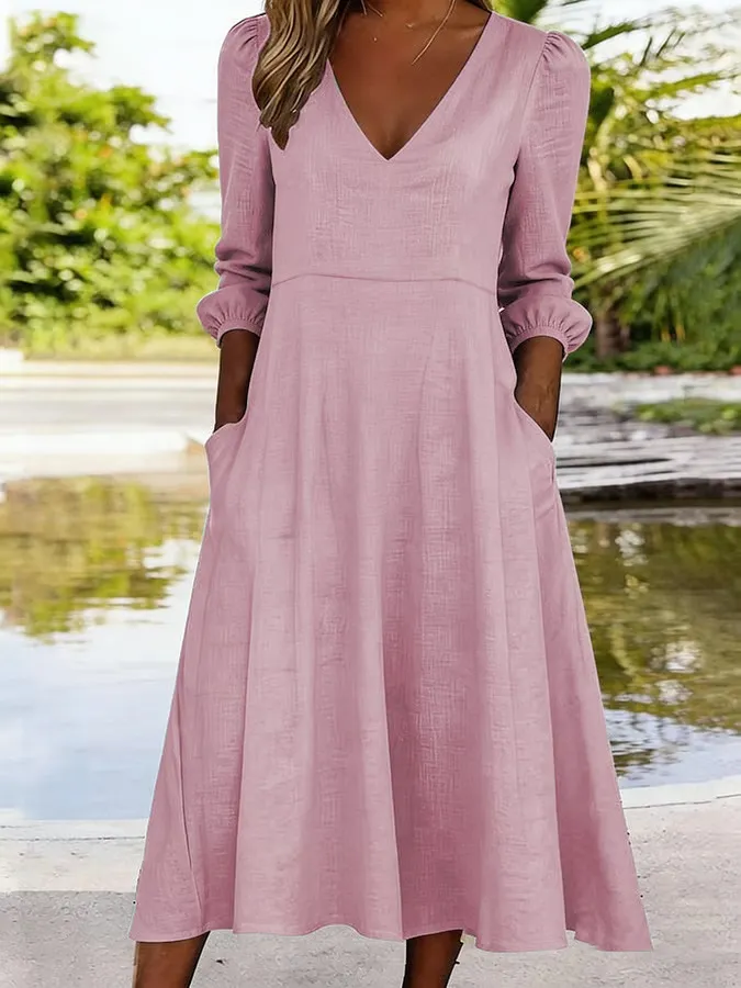 Women's Casual Solid Color V-Neck Cotton And Linen Dress