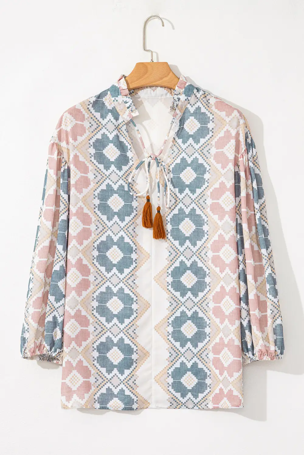 Geometric Print Western Inspired Tassel Detail Blouse