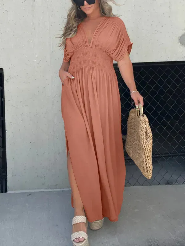 Slit V-Neck Effortless Maxi Long Dress