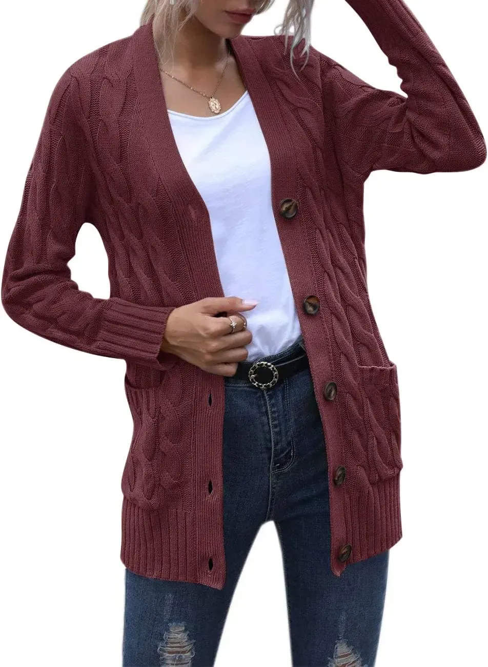 MEROKEETY Women's 2024 Fall Long Sleeve Cable Knit Sweater Open Front Cardigan Button Loose Outerwear