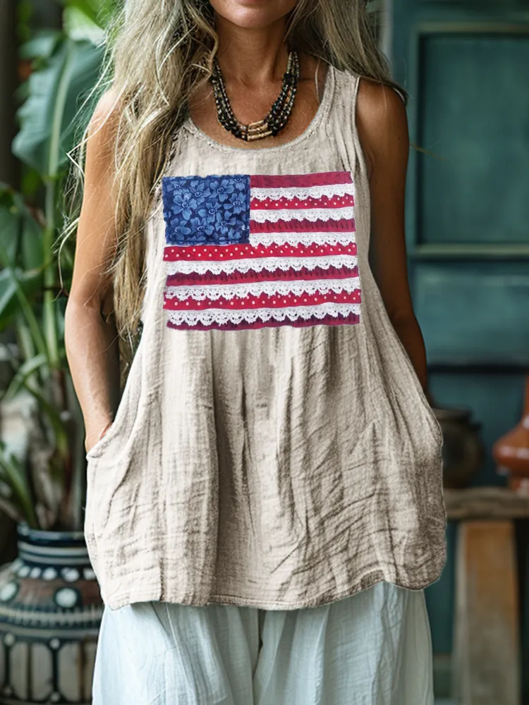 American Flag Fiber Art Patch Linen Tank Top