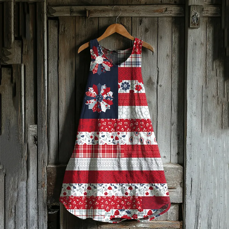 Vintage Loose Independence Day American Beauty Flag Panel Art Linen Tank Dress