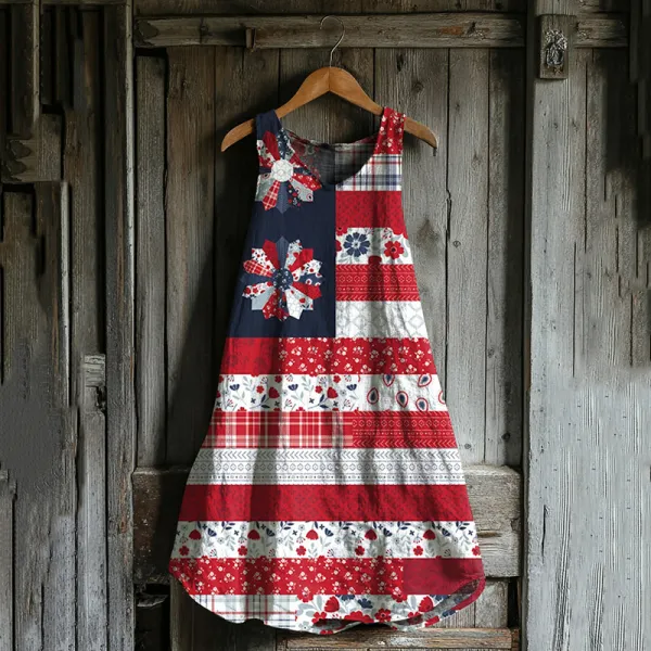 Vintage Loose Independence Day American Beauty Flag Panel Art Linen Tank Dress