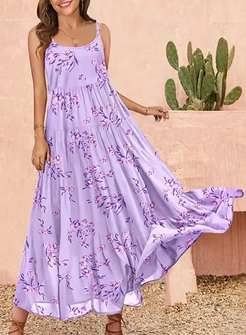 Summer Dresses for Women Casual Loose Bohemian Floral Dress with Pockets Spaghetti Strap Maxi Dress E75
