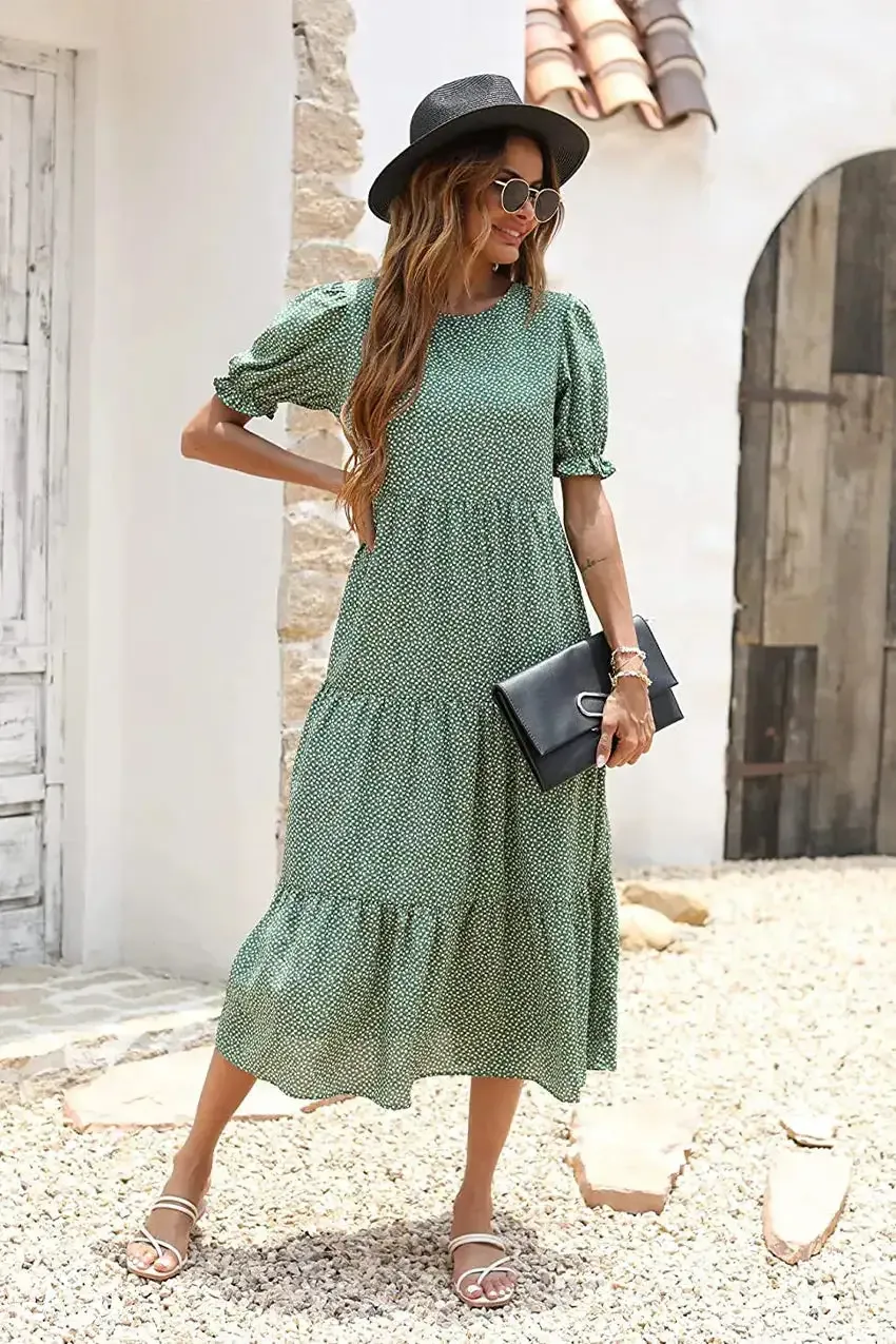 Floral Print Ruffle Puff Sleeve High Waist Midi Dresses