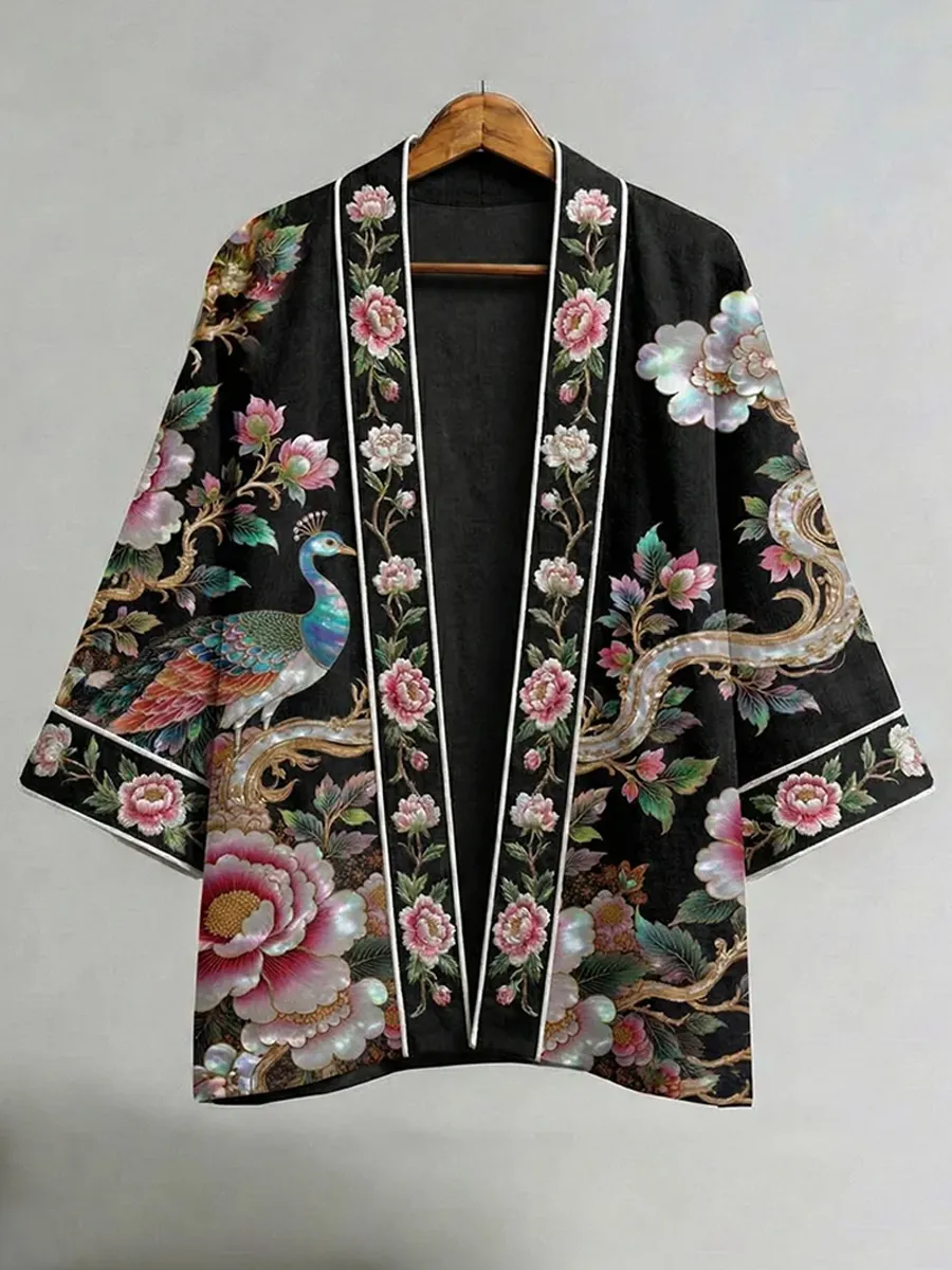 Japanese Peacock And Floral Motif Art Linen Kimono