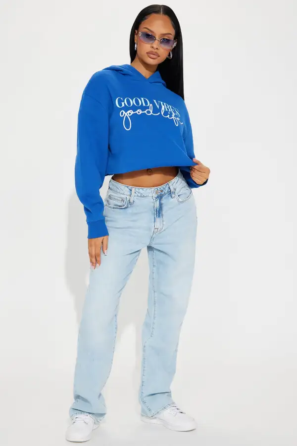 Good Vibes Good Life Crop Hoodie - Blue