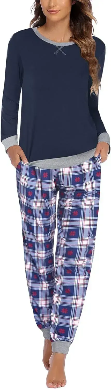 Women's Pajamas Sets Long Sleeve with Plaid Pants Soft Sleepwear O Neck 2 Piece Pjs Joggers Loung Set with Pockets