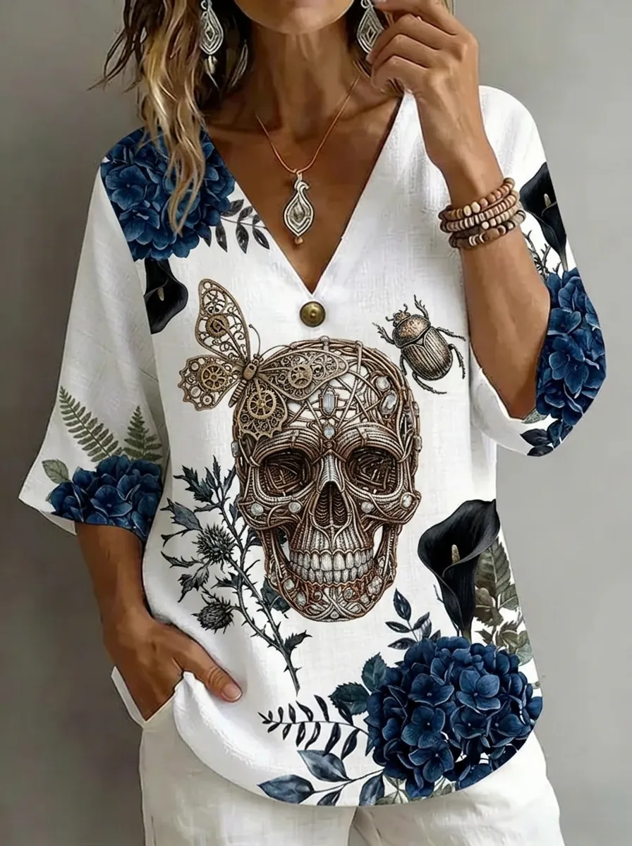 Women's Nashville Skull Butterfly Floral Printed V-neck Top