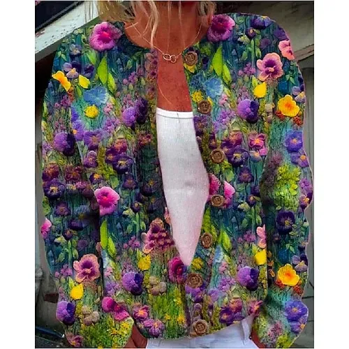 Women's Sweater Daily Graphic Crew Neck Print Long Sleeve Regular Tops Knit Weekend Pink Khaki Fall Winter