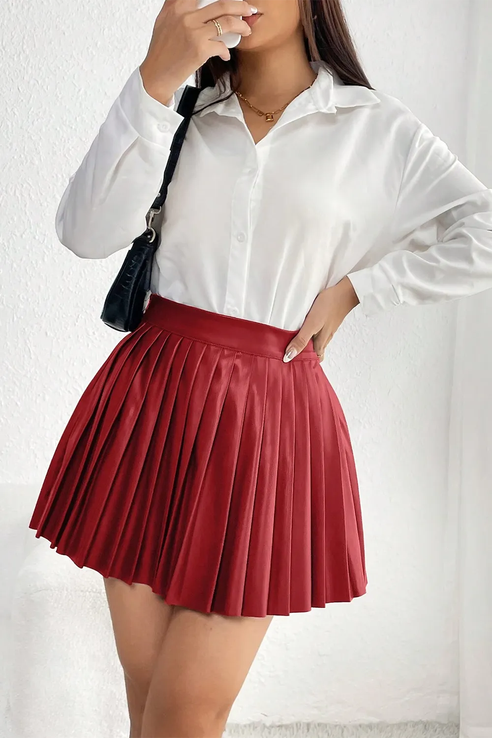 Women's Pu Leather Pleated Skirt