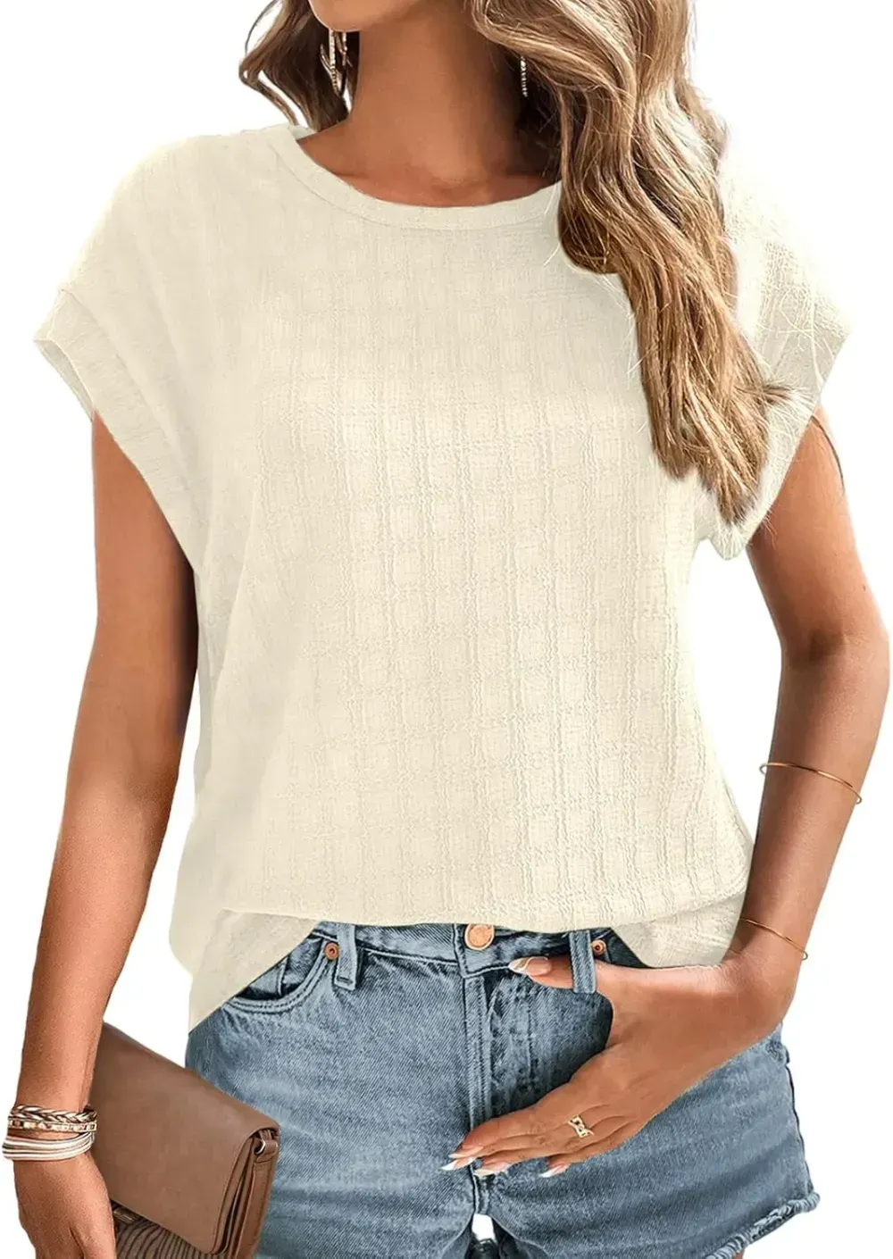 Dokotoo Tops for Women Trendy Summer Casual Cap Short Sleeve Basic Textured Solid Color Round Neck T Shirts Blouse