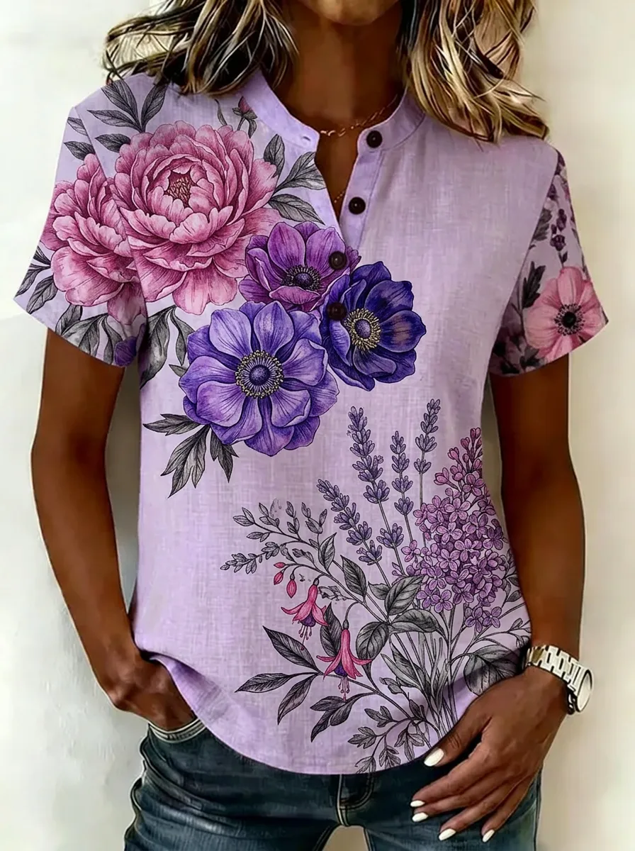 Women's Nashville Floral Lavender Printed Henley Shirt