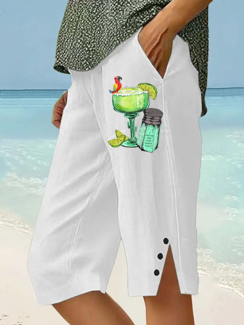 Women's Beach Vacation Parrot Print CottonLinen Shorts