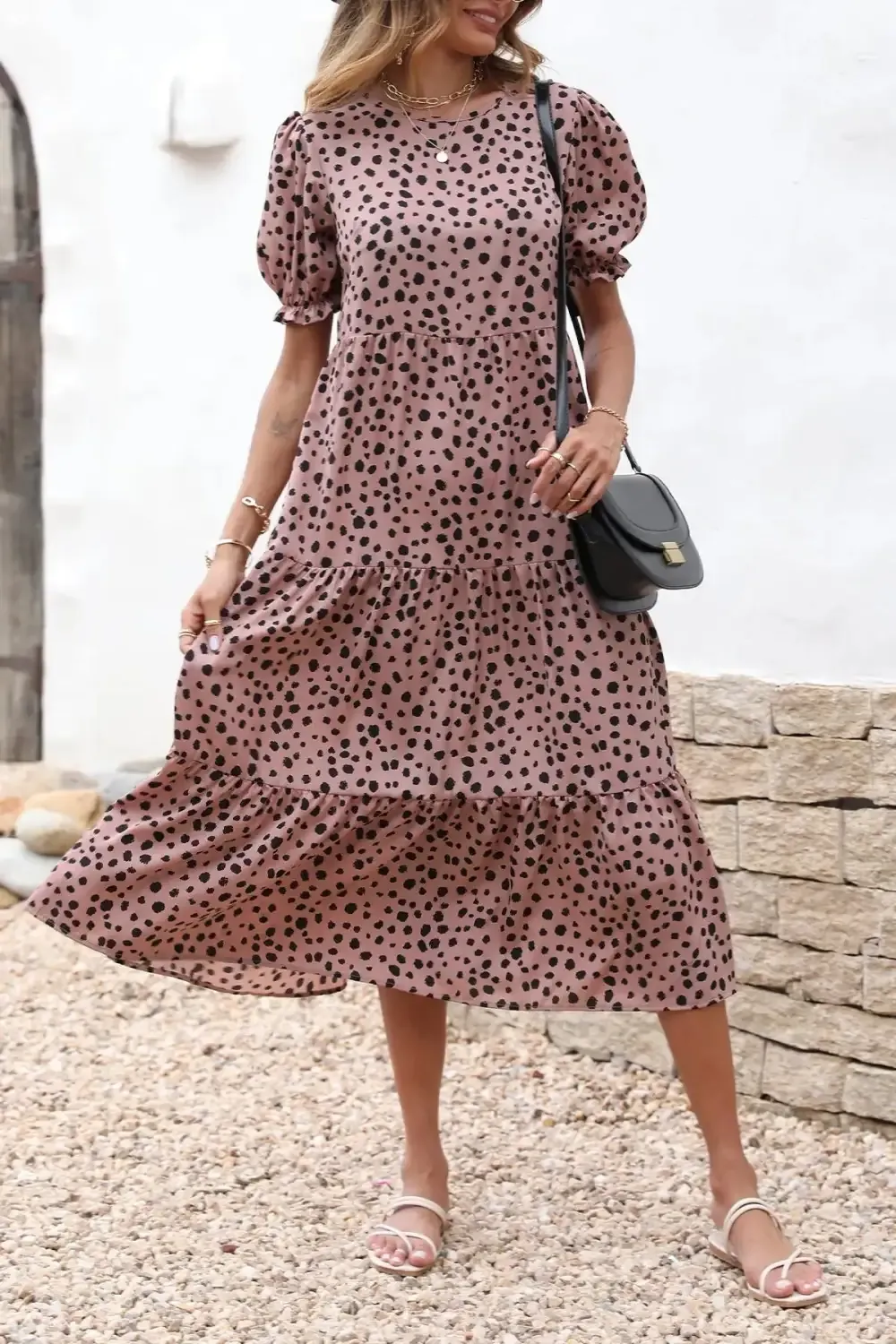 Floral Print Ruffle Puff Sleeve High Waist Midi Dresses