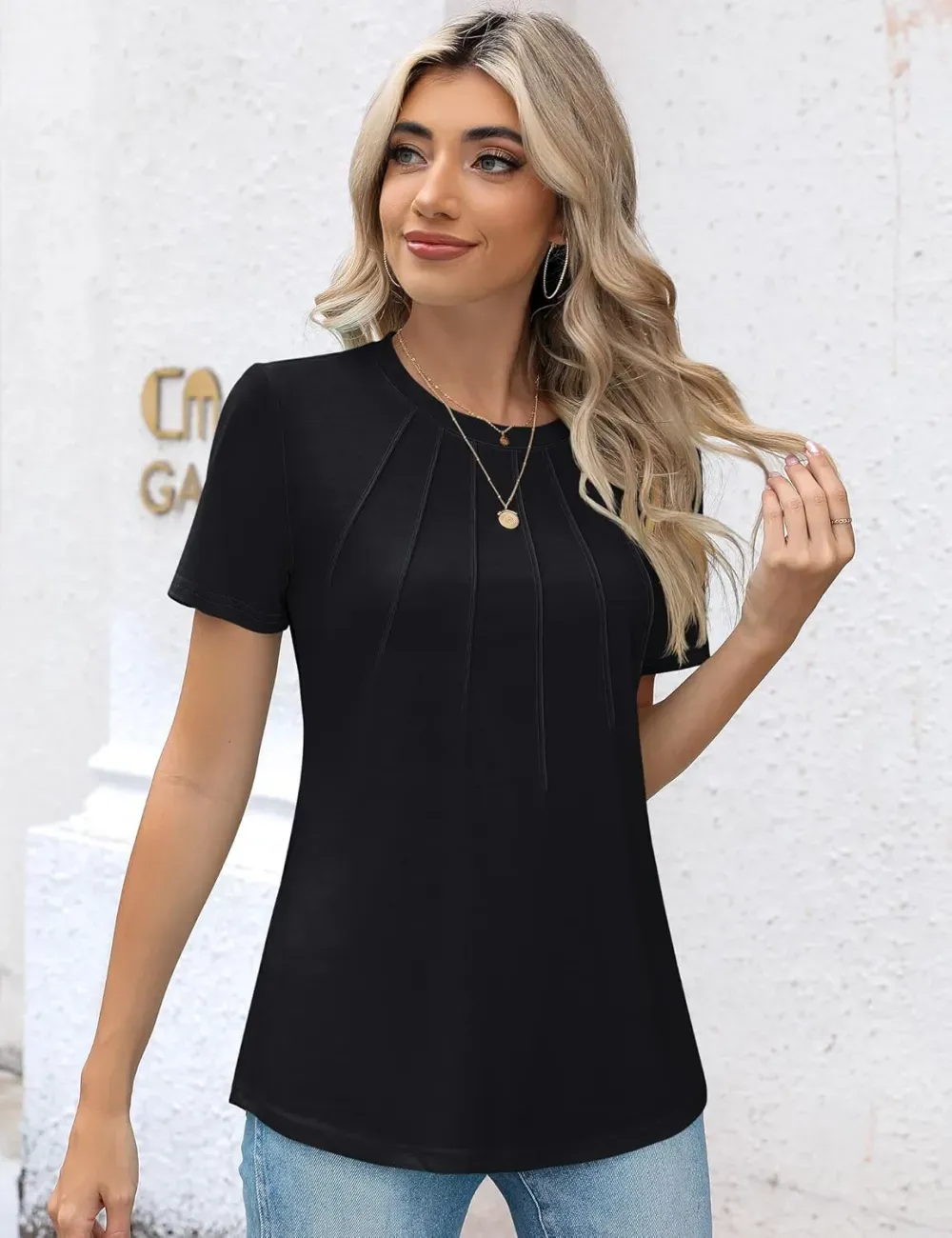 Kistore Womens Casual Crew Neck Short Sleeve Pleated Tops Blouses Fashion Clothes 2024