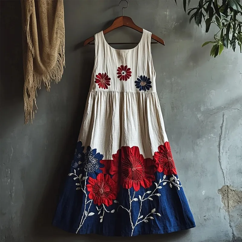 Blue And Red Contrast Color Floral Patchwork Linen Midi Dress